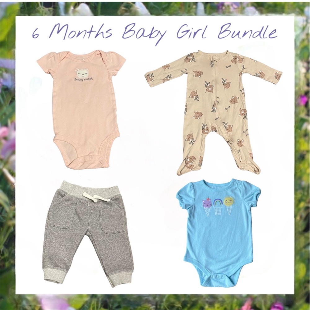 6 Months Baby Girl Bundle of 4. Sleeper, Pants & 2 Onesies.